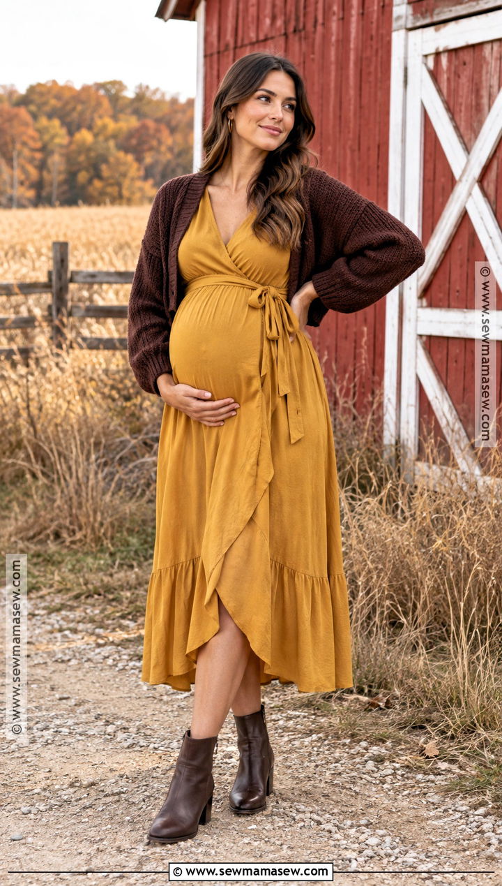 Fall Maternity Mustard Midi Dress Outfit - 25 fall maternity outfits for photoshoot