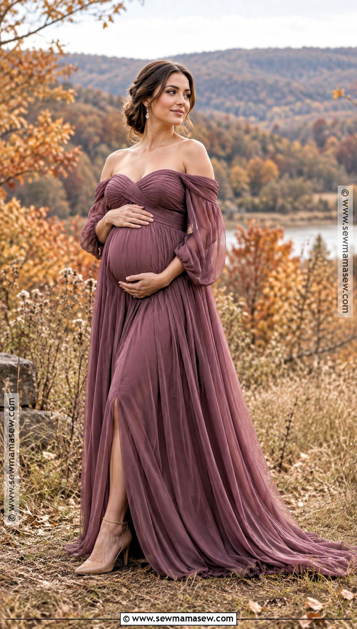 Fall Maternity Off Shoulder Gown Outfit - 25 fall maternity outfits for photoshoot