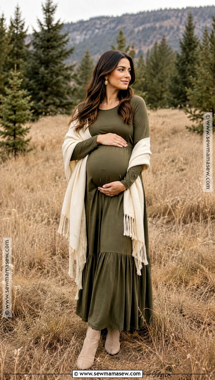 Fall Maternity Olive Maxi Dress Outfit - 25 fall maternity outfits for photoshoot