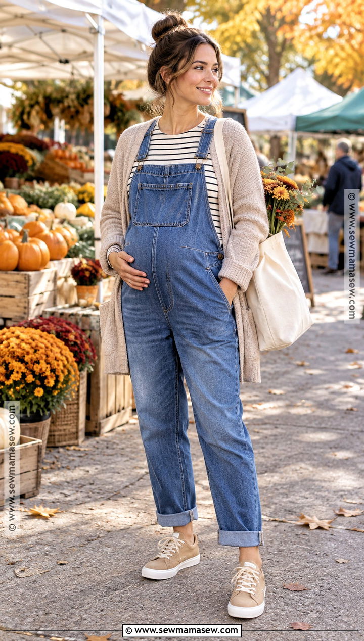 Fall Maternity Overalls With Striped Shirt And Sneakers - 20 cute pregnancy outfits for fall