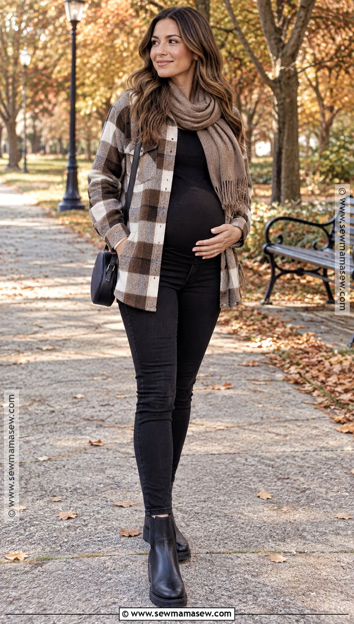Fall Maternity Plaid Shacket With Black Jeans - 15 fall maternity outfits small bump