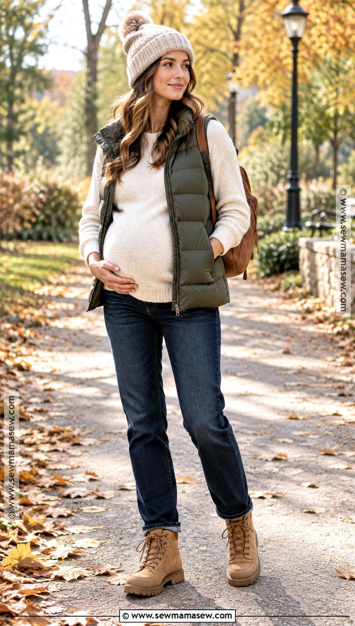 Fall Maternity Puffer Vest And Jeans Outfit - 20 fall outfits for pregnant for women