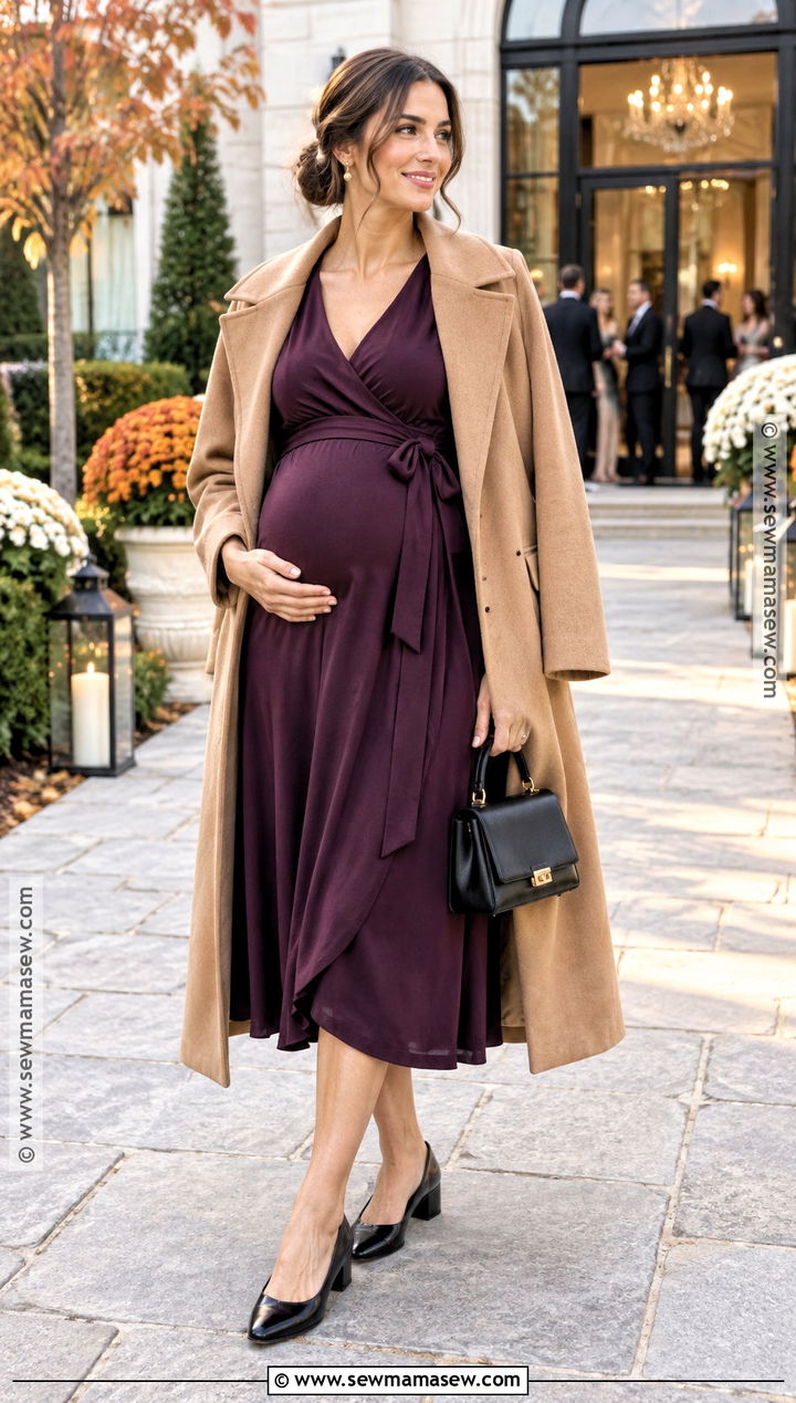 Fall Maternity Wrap Dress Outfit With Long Coat - 15 20 weeks pregnant outfit fall ideas