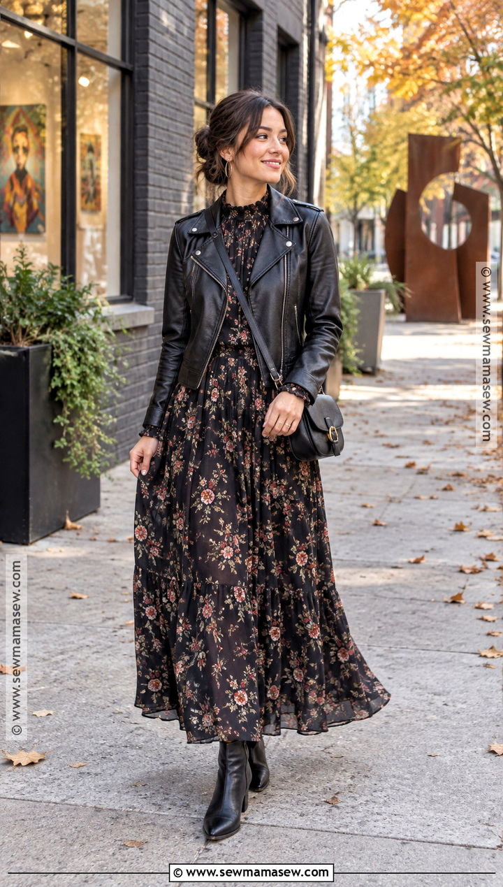 Fall Maxi Dress With A Leather Jacket - 20 Womens Fall Dresses