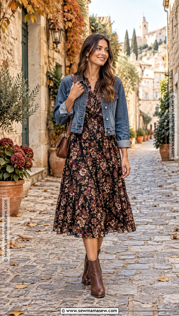 Fall Mediterranean Cruise Floral Midi Dress And Ankle Boots Outfit - 15 mediterranean cruise outfits fall