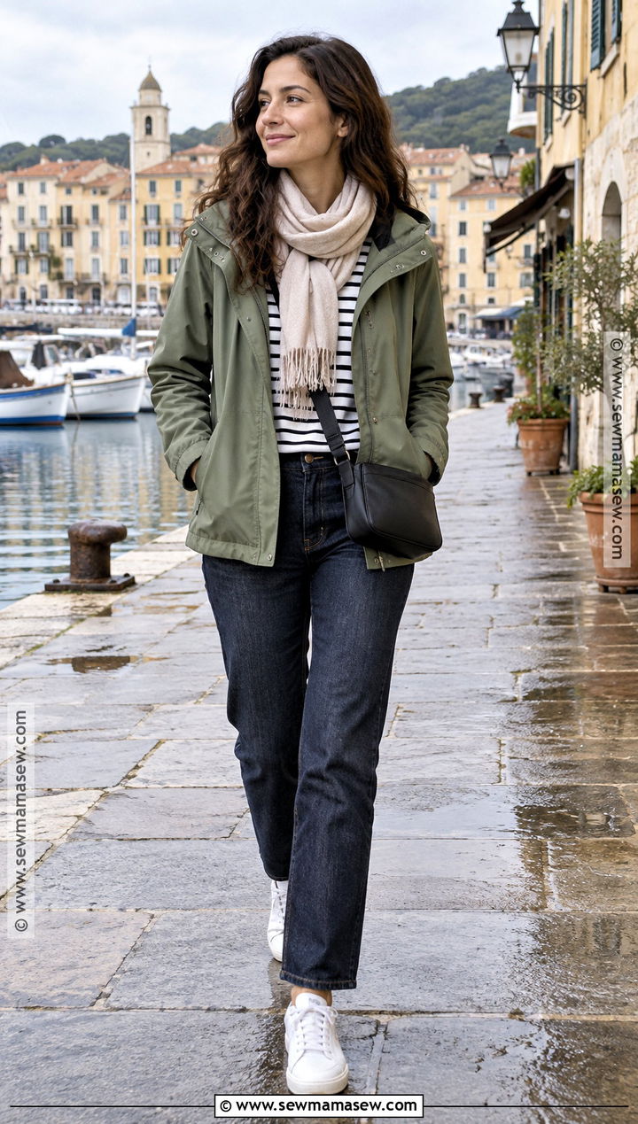 Fall Mediterranean Cruise Rain Jacket And Dark Jeans Outfit - 15 mediterranean cruise outfits fall