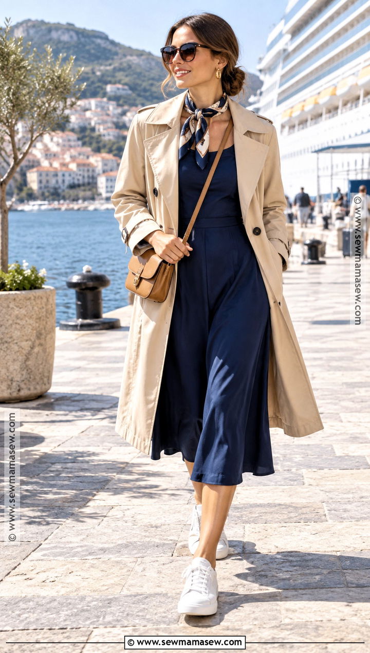Fall Mediterranean Cruise Trench Coat And Midi Dress Outfit - 15 mediterranean cruise outfits fall