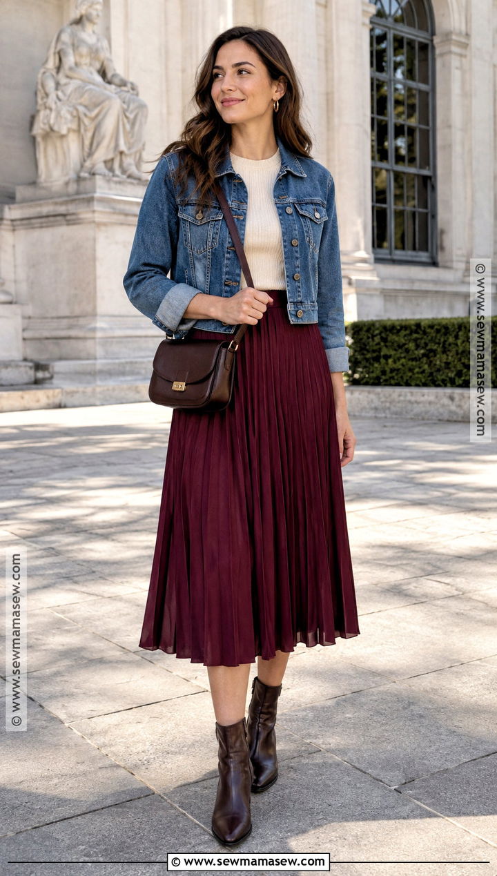 Fall Midi Skirt Outfit With a Denim Jacket - 30 fall fashion outfits