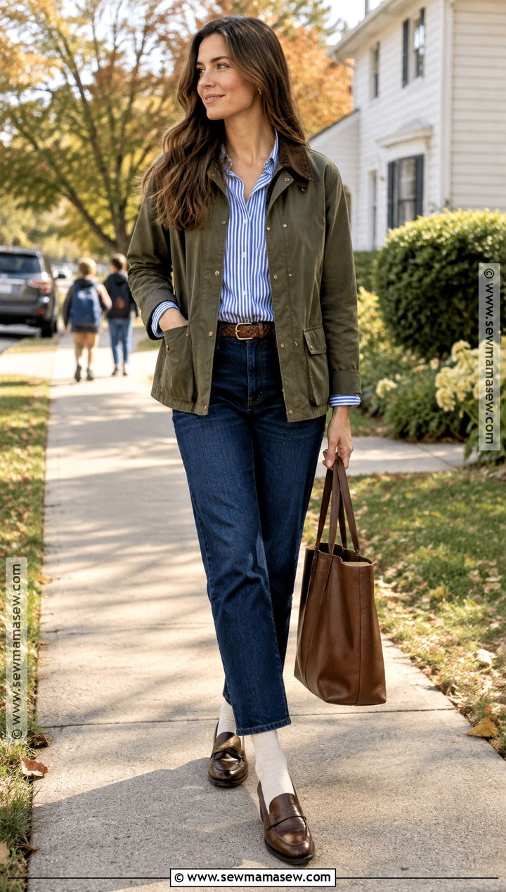 Fall Mom Outfit With Barn Jacket And Loafers - 15 Young Mom Outfits Fall