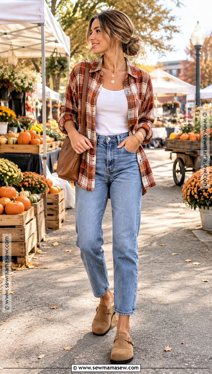 Fall Mom Outfit With Flannel Shirt And Mom Jeans - 15 Young Mom Outfits Fall
