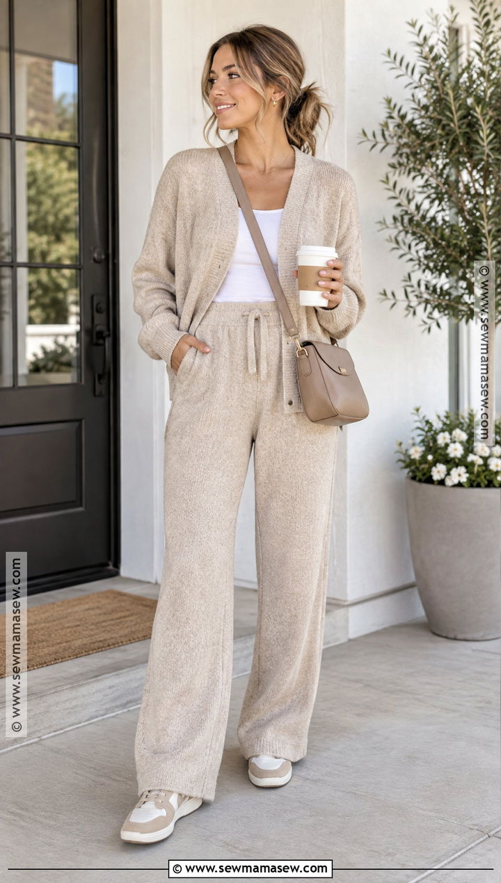 Fall Mom Outfit With Matching Knit Set And Sneakers - 15 Young Mom Outfits Fall