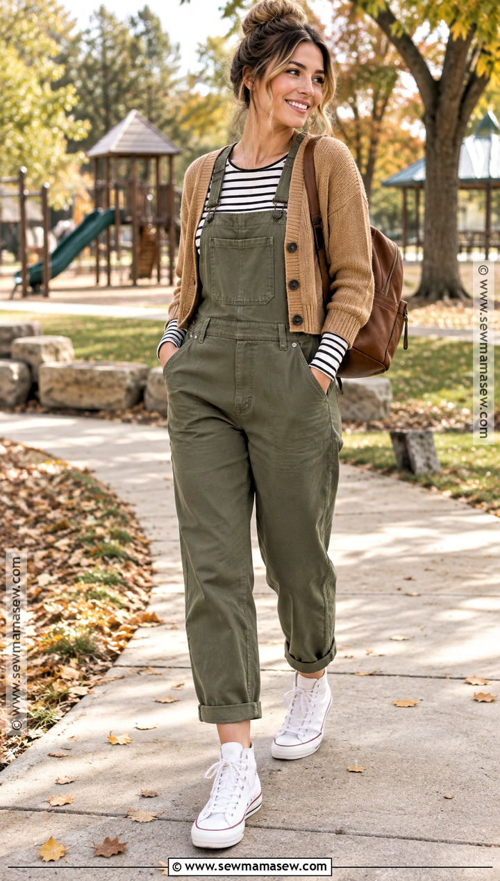 Fall Mom Outfit With Overalls and a Striped Shirt - 25 fall mom outfits