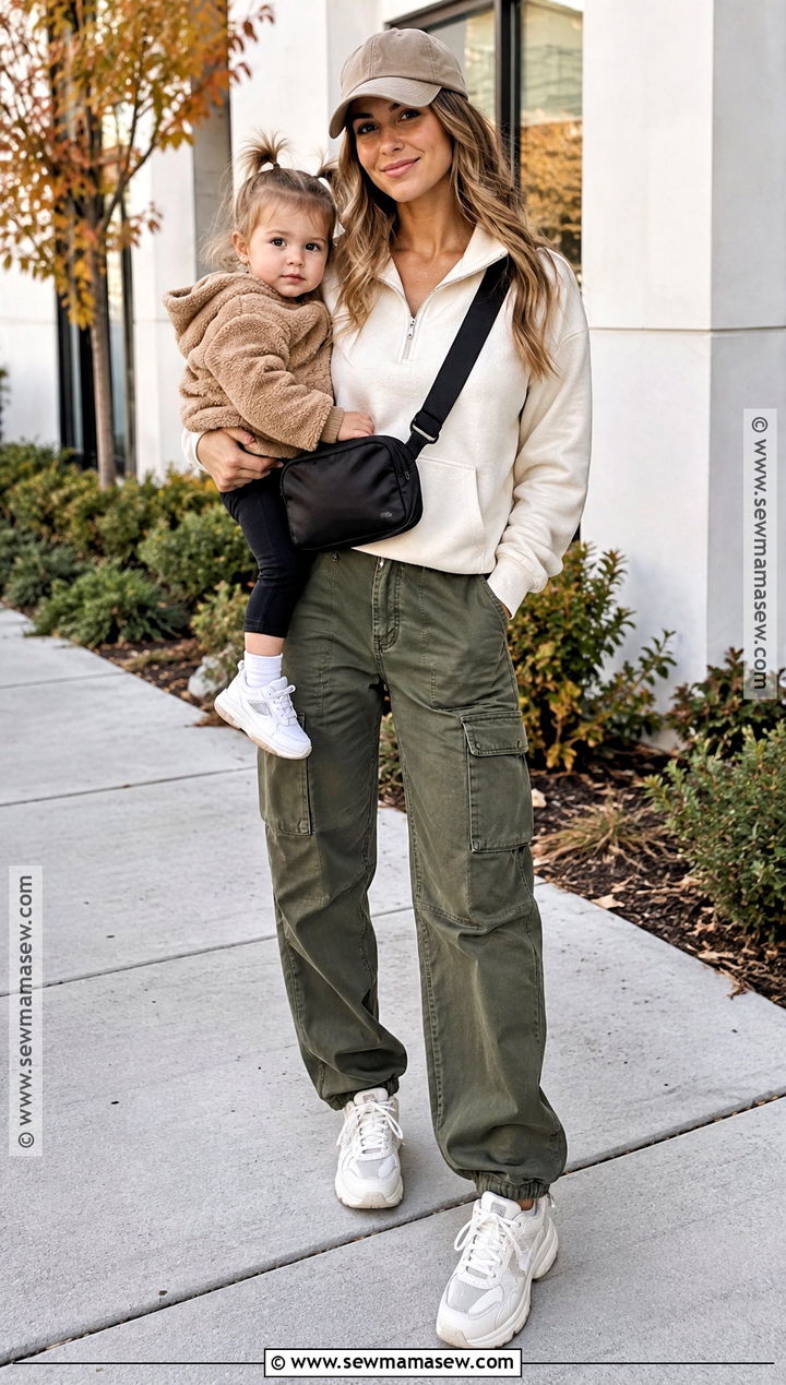 Fall Mom Outfit With Quarter Zip And Cargo Pants - 15 Young Mom Outfits Fall