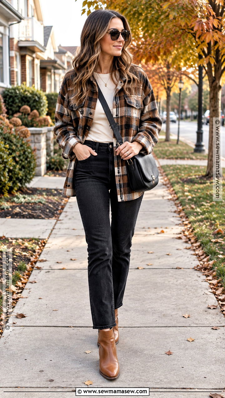 Fall Mom Outfit With Shacket And Black Jeans - 15 Young Mom Outfits Fall