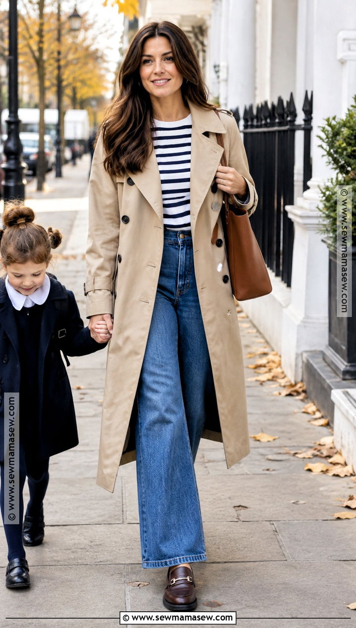 Fall Mom Outfit With Trench Coat And Wide Leg Jeans - 15 Young Mom Outfits Fall
