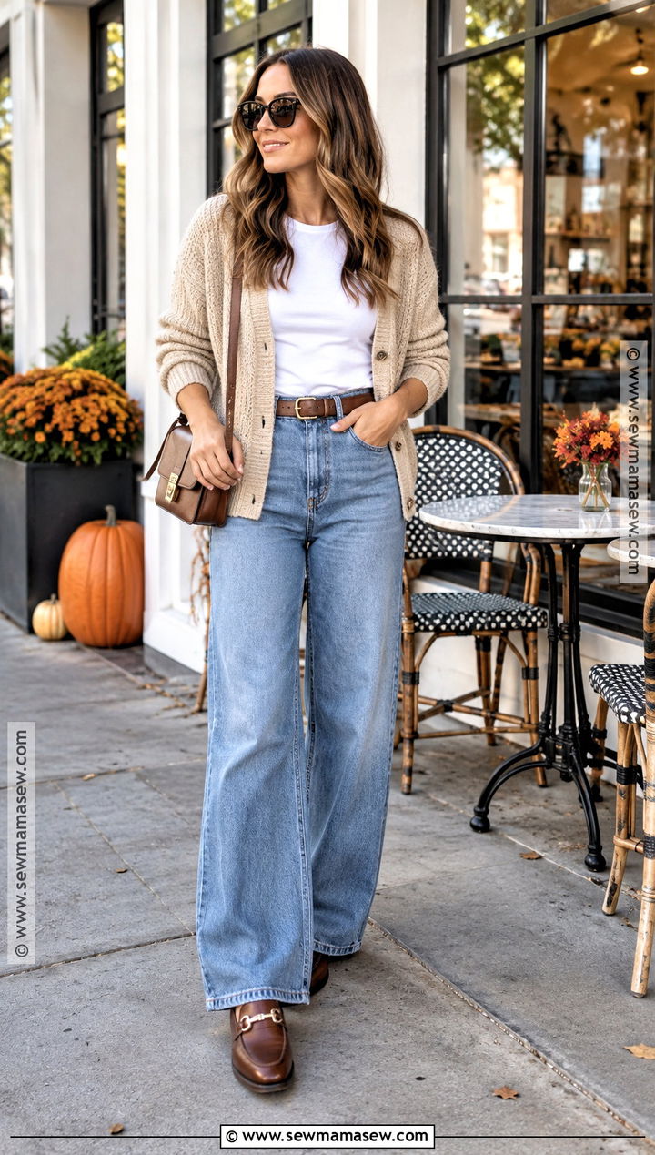 Fall Mom Outfit With a Cardigan and Wide Leg Jeans - 25 fall mom outfits