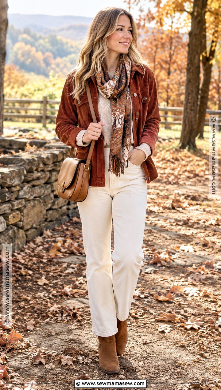 Fall Mom Outfit With a Corduroy Jacket and Cream Jeans - 25 fall mom outfits