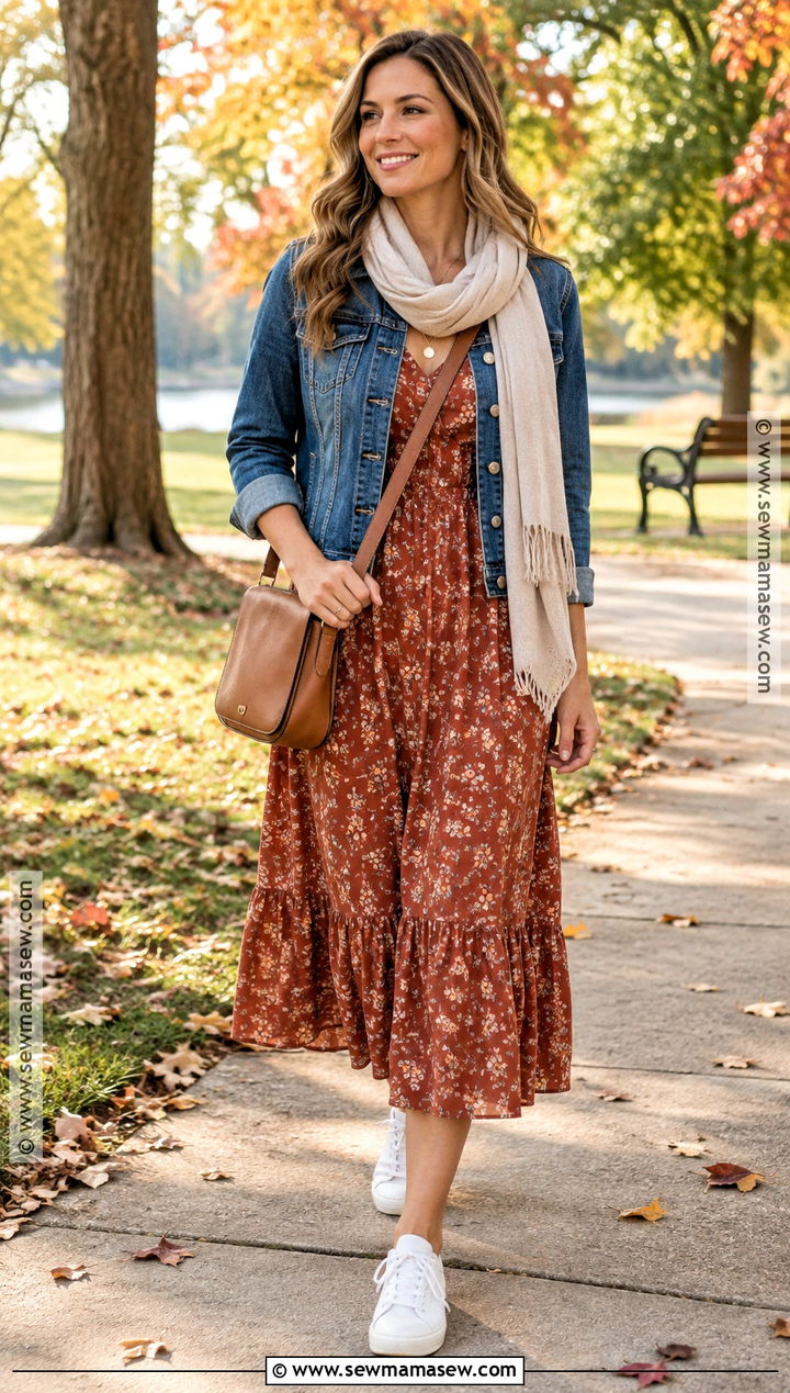 Fall Mom Outfit With a Denim Jacket and Midi Dress - 25 fall mom outfits
