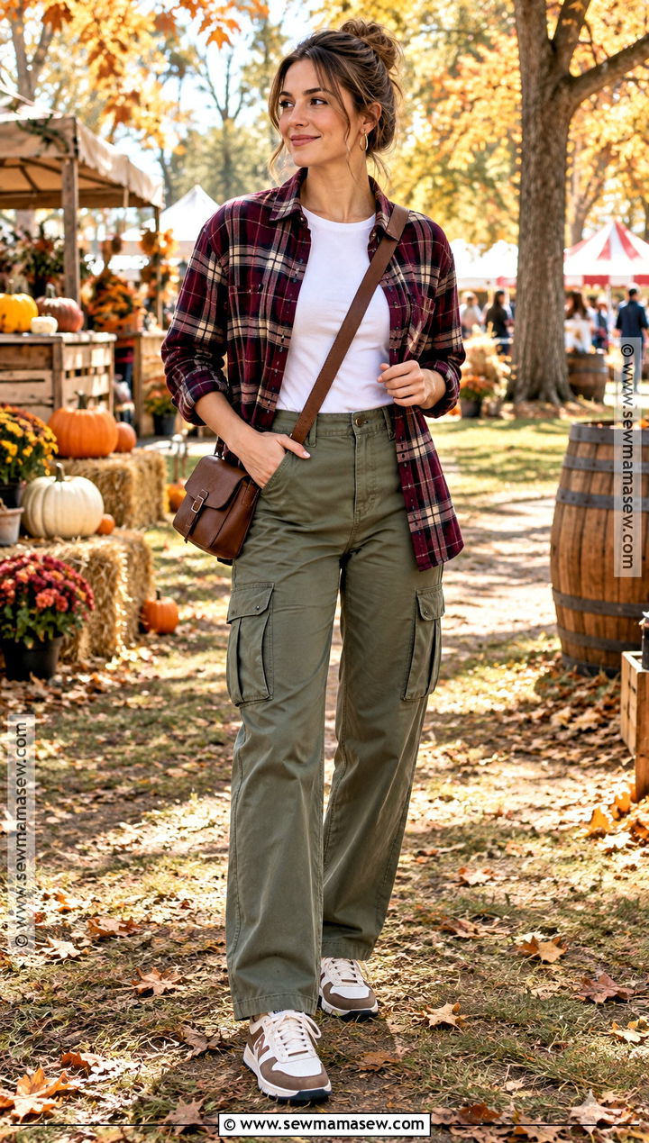 Fall Mom Outfit With a Flannel Shirt and Cargo Pants - 25 fall mom outfits