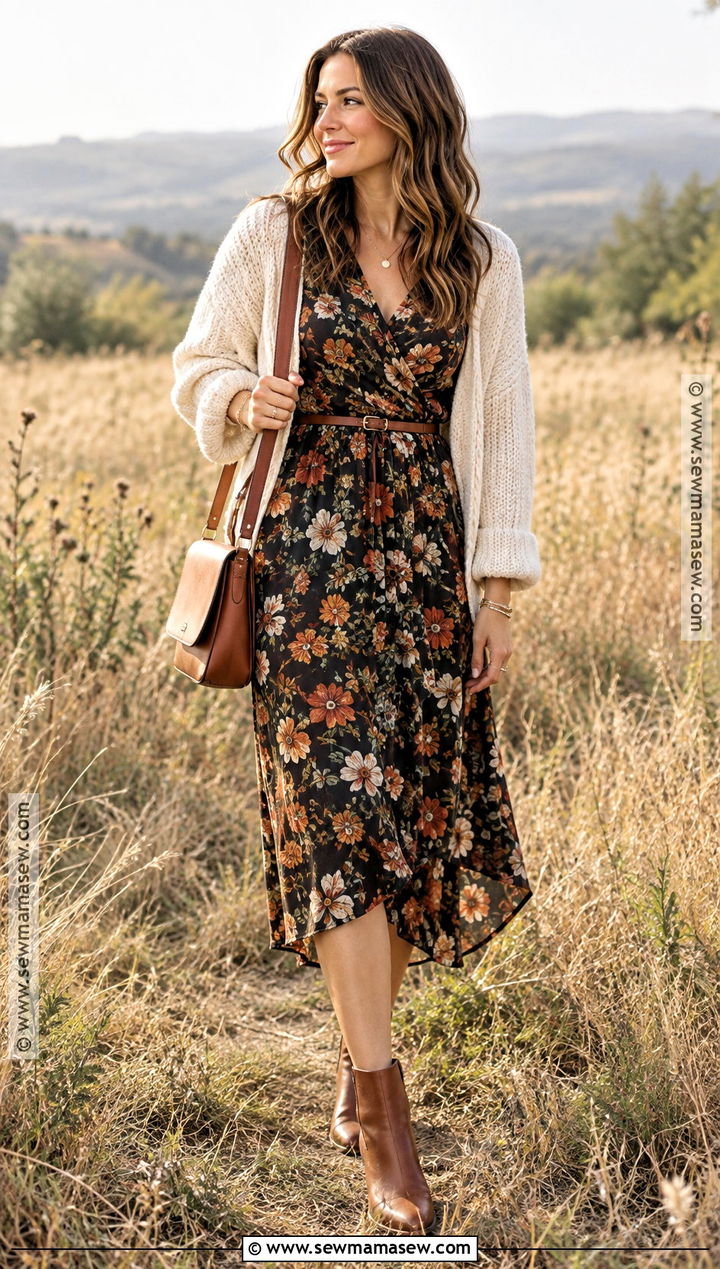 Fall Mom Outfit With a Floral Midi Dress and Cardigan - 25 fall mom outfits