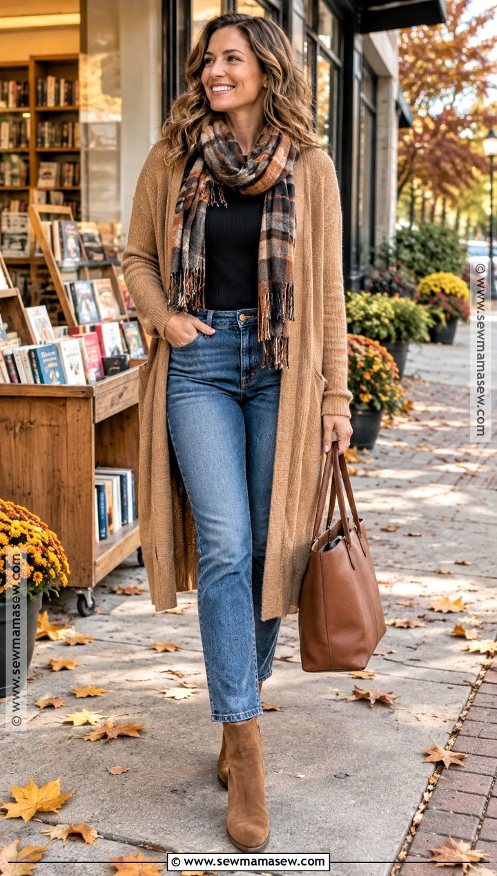 Fall Mom Outfit With a Long Cardigan and Ankle Jeans - 25 fall mom outfits