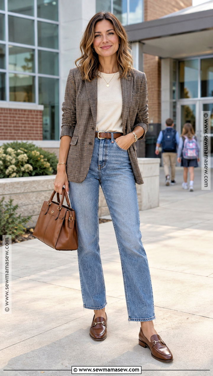 Fall Mom Outfit With a Plaid Blazer and Mom Jeans - 25 fall mom outfits
