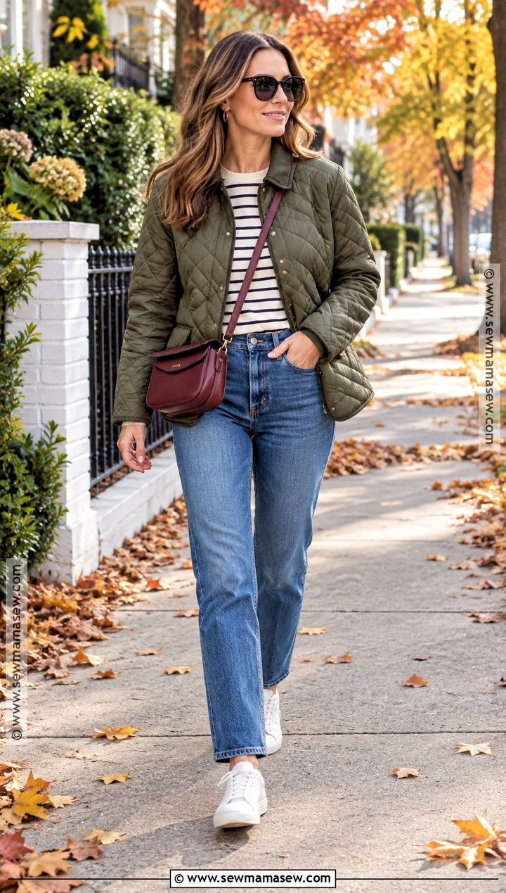 Fall Mom Outfit With a Quilted Jacket and Jeans - 25 fall mom outfits