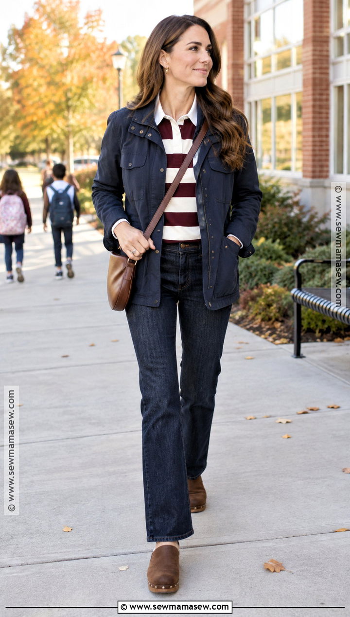 Fall Mom Outfit With a Rugby Shirt and Dark Jeans - 25 fall mom outfits