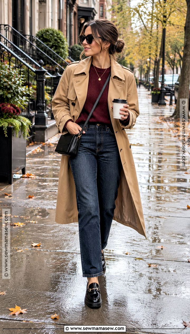 Fall Mom Outfit With a Trench Coat and Straight Leg Jeans - 25 fall mom outfits
