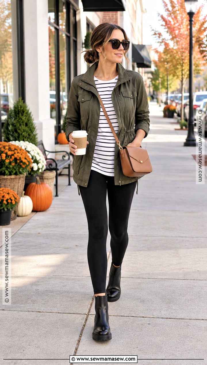 Fall Mom Outfit With a Utility Jacket and Black Leggings - 25 fall mom outfits