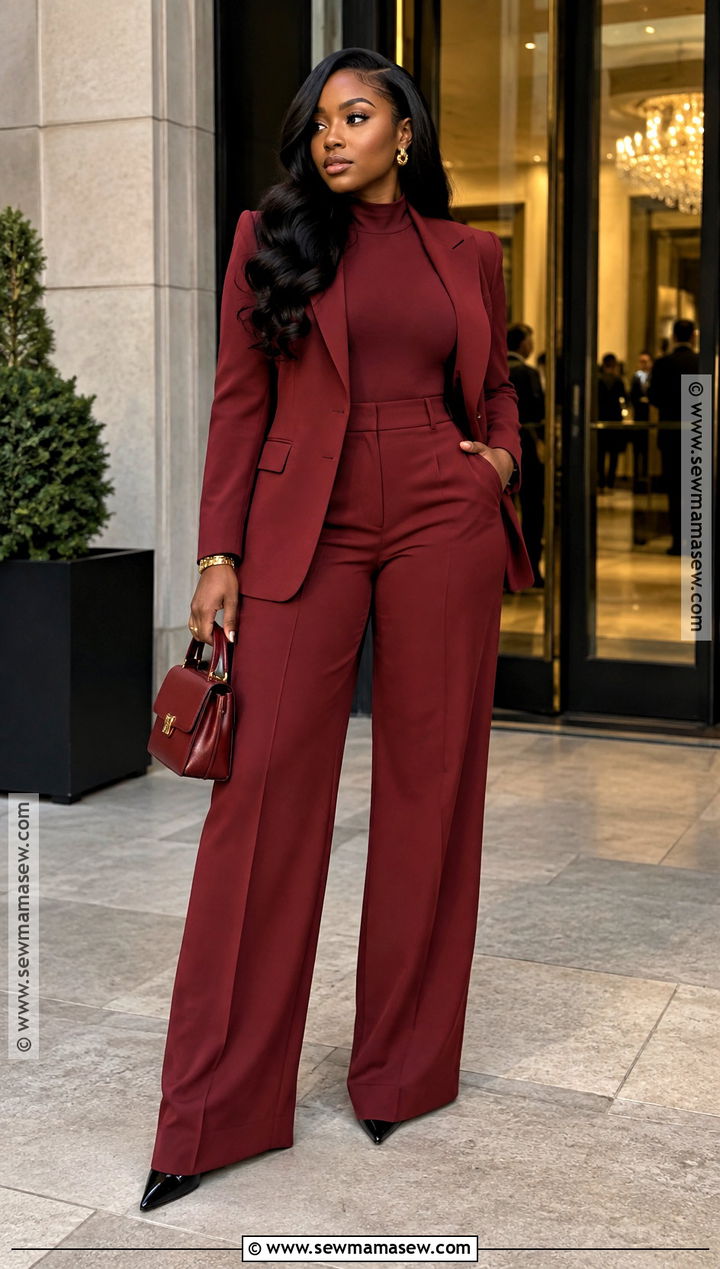 Fall Monochrome Red Suit With Heels - 15 Fall Going Out Outfit Ideas for Black Women