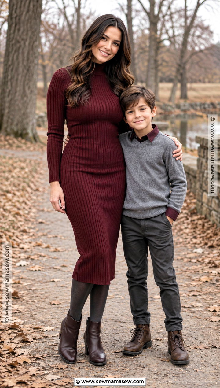 Fall Mother Son Burgundy And Gray Outfit - 15 fall mother son photoshoot outfits