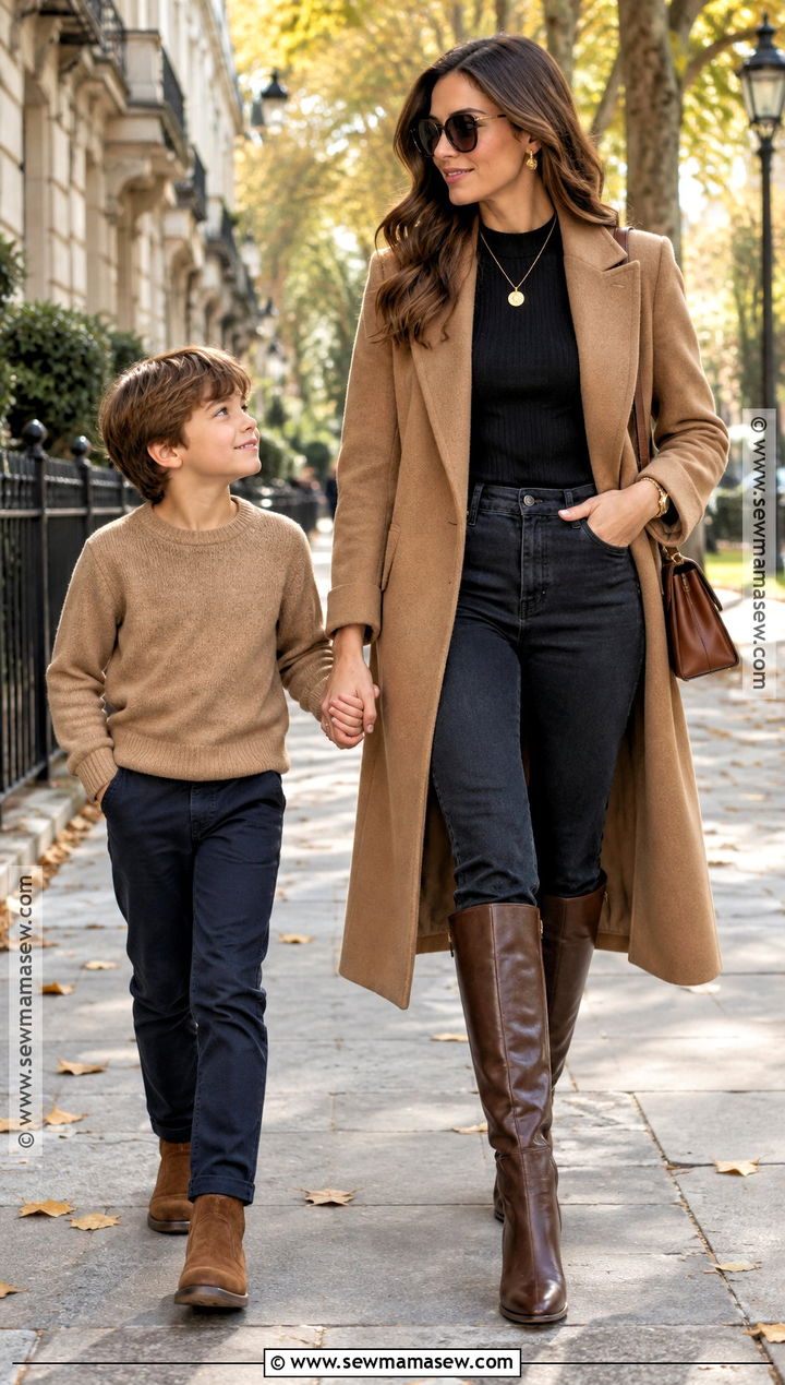 Fall Mother Son Camel Coat And Chino Outfit - 15 fall mother son photoshoot outfits