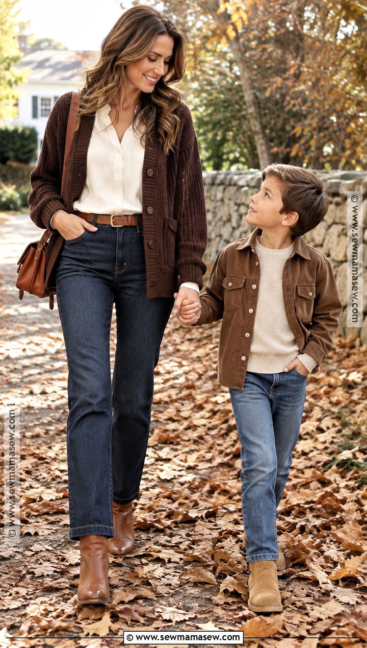 Fall Mother Son Denim And Brown Outfit - 15 fall mother son photoshoot outfits