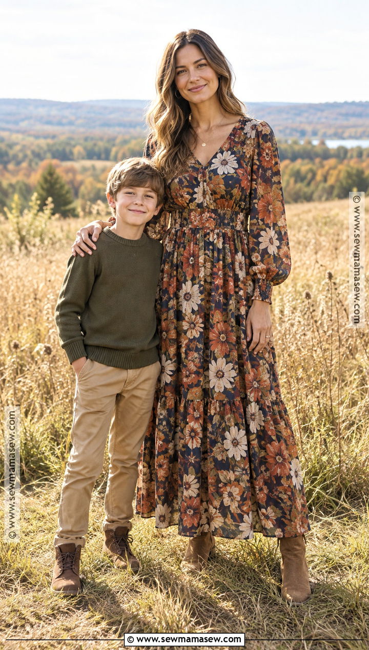 Fall Mother Son Floral Dress And Solid Outfit - 15 fall mother son photoshoot outfits