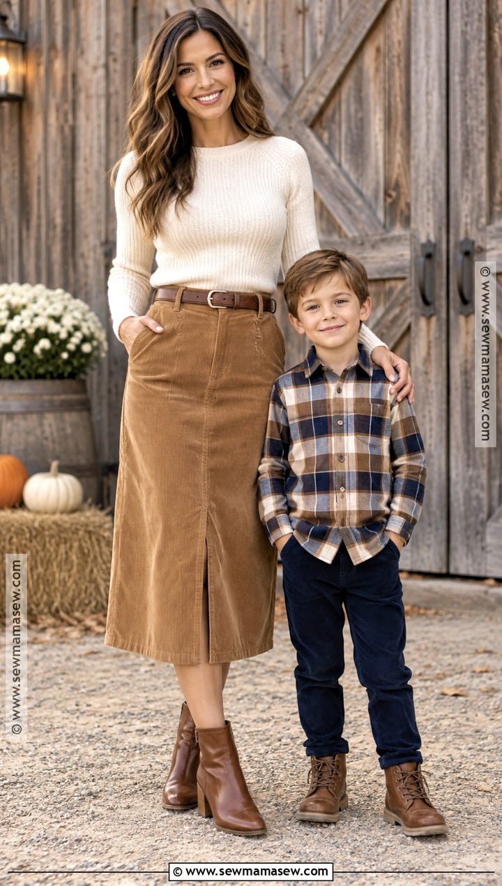 Fall Mother Son Plaid And Corduroy Outfit - 15 fall mother son photoshoot outfits
