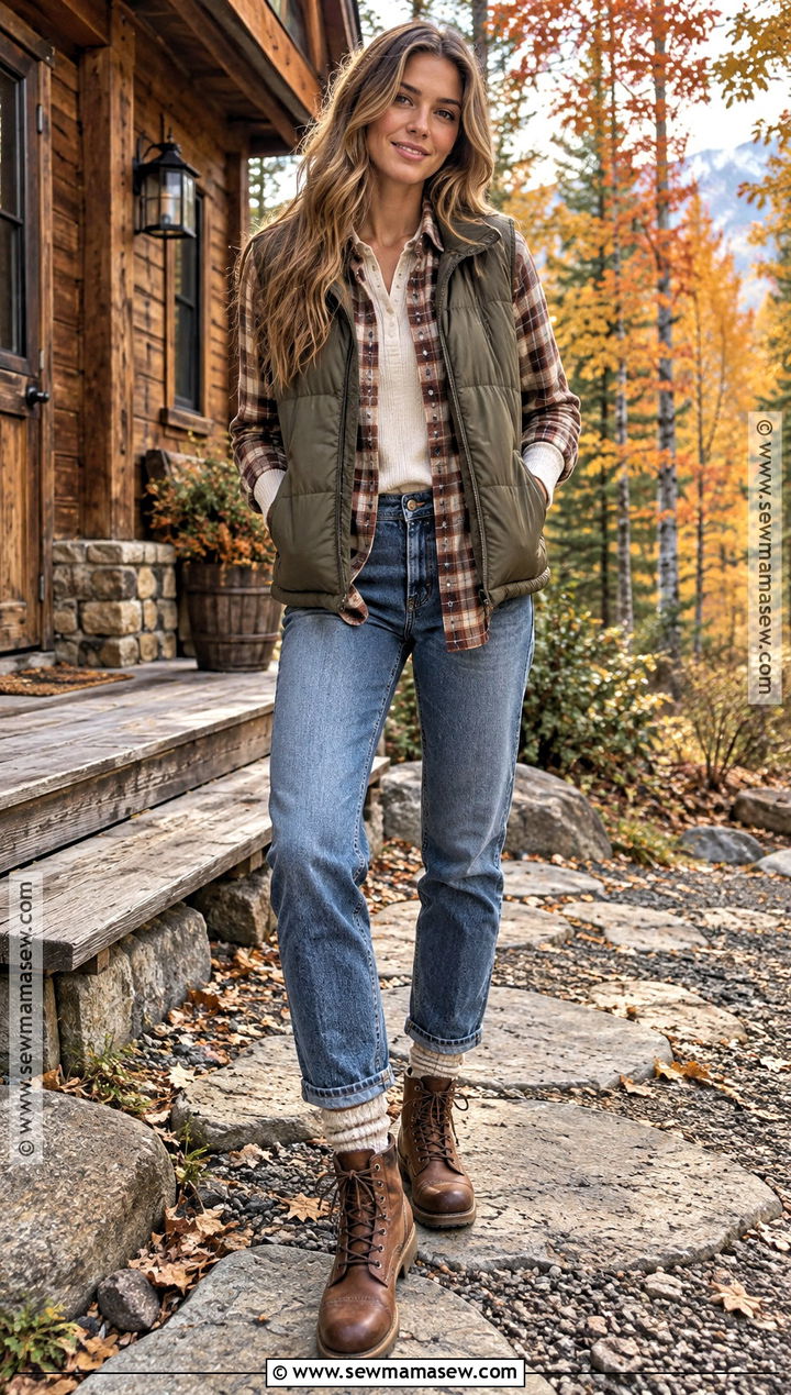 Fall Mountain Cabin Outfit With Flannel And Jeans - 25 Fall Mountain Outfit Ideas