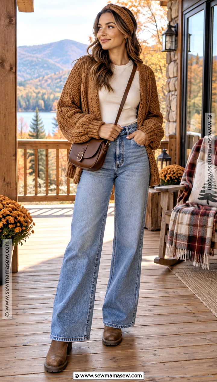 Fall Mountain Outfit With Cardigan And Wide Leg Jeans - 25 Fall Mountain Outfit Ideas