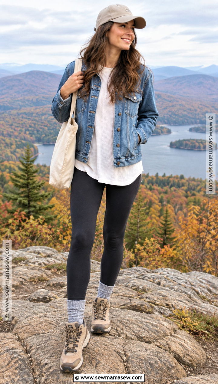 Fall Mountain Outfit With Denim Jacket And Black Leggings - 25 Fall Mountain Outfit Ideas