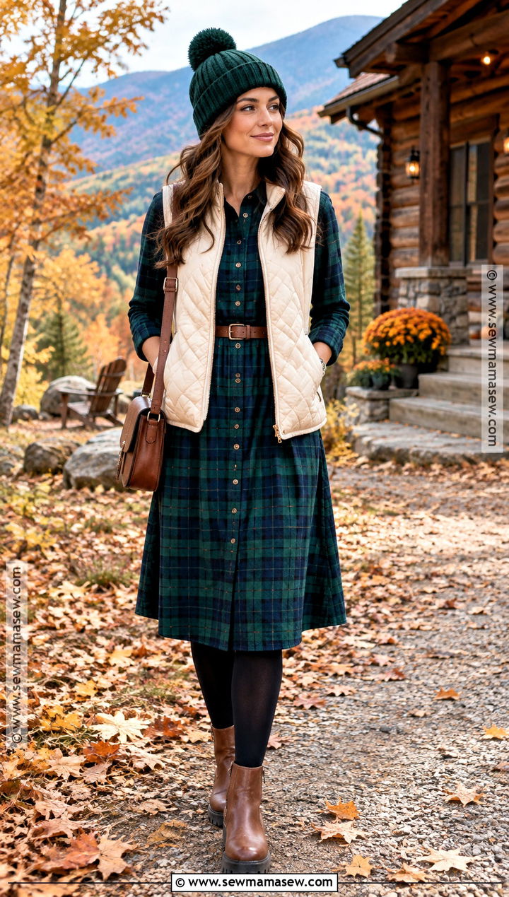 Fall Mountain Outfit With Flannel Dress And Ankle Boots - 25 Fall Mountain Outfit Ideas