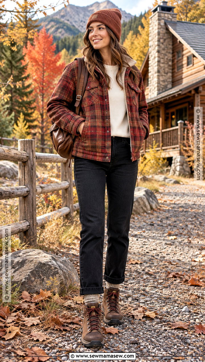 Fall Mountain Outfit With Plaid Jacket And Hiking Boots - 25 Fall Mountain Outfit Ideas