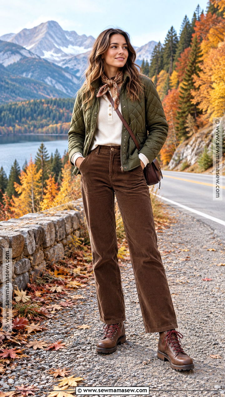 Fall Mountain Outfit With Quilted Jacket And Corduroy Pants - 25 Fall Mountain Outfit Ideas