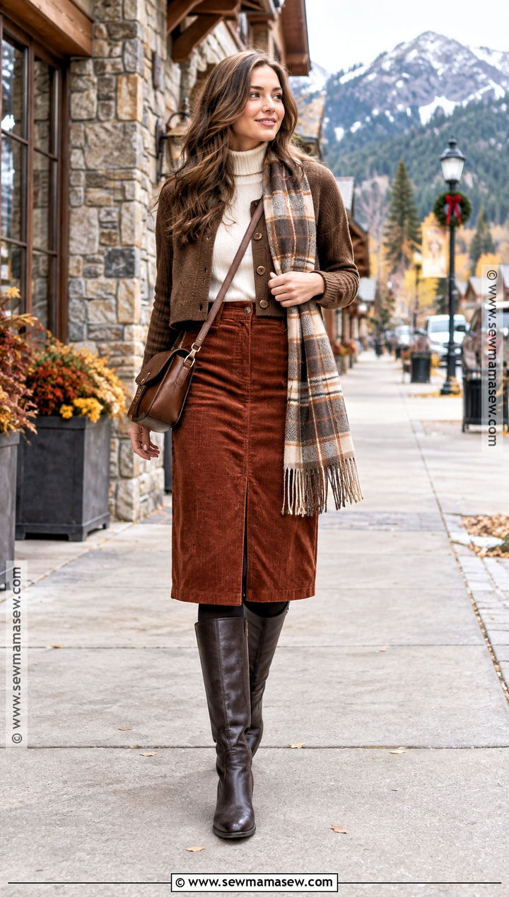 Fall Mountain Outfit With Skirt And Tall Boots - 25 Fall Mountain Outfit Ideas
