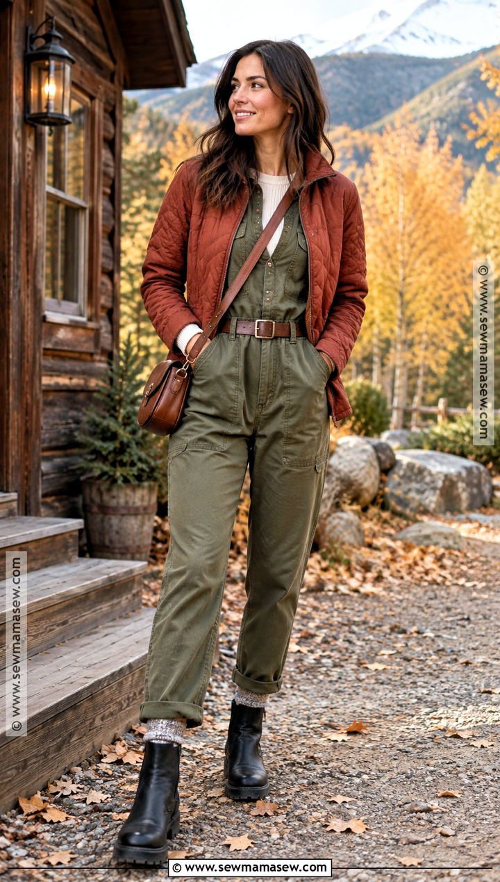 Fall Mountain Outfit With Utility Jumpsuit And Boots - 25 Fall Mountain Outfit Ideas
