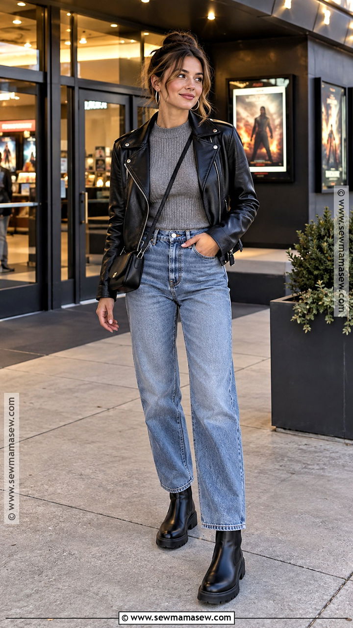 Fall Movie Date Outfit With Leather Jacket And Jeans - 20 fall date outfit ideas