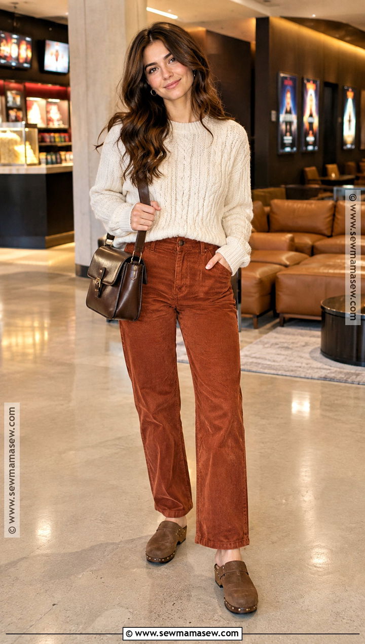 Fall Movie Night Cable Knit Sweater And Corduroy Pants Outfit - 20 fall movie night outfit ideas