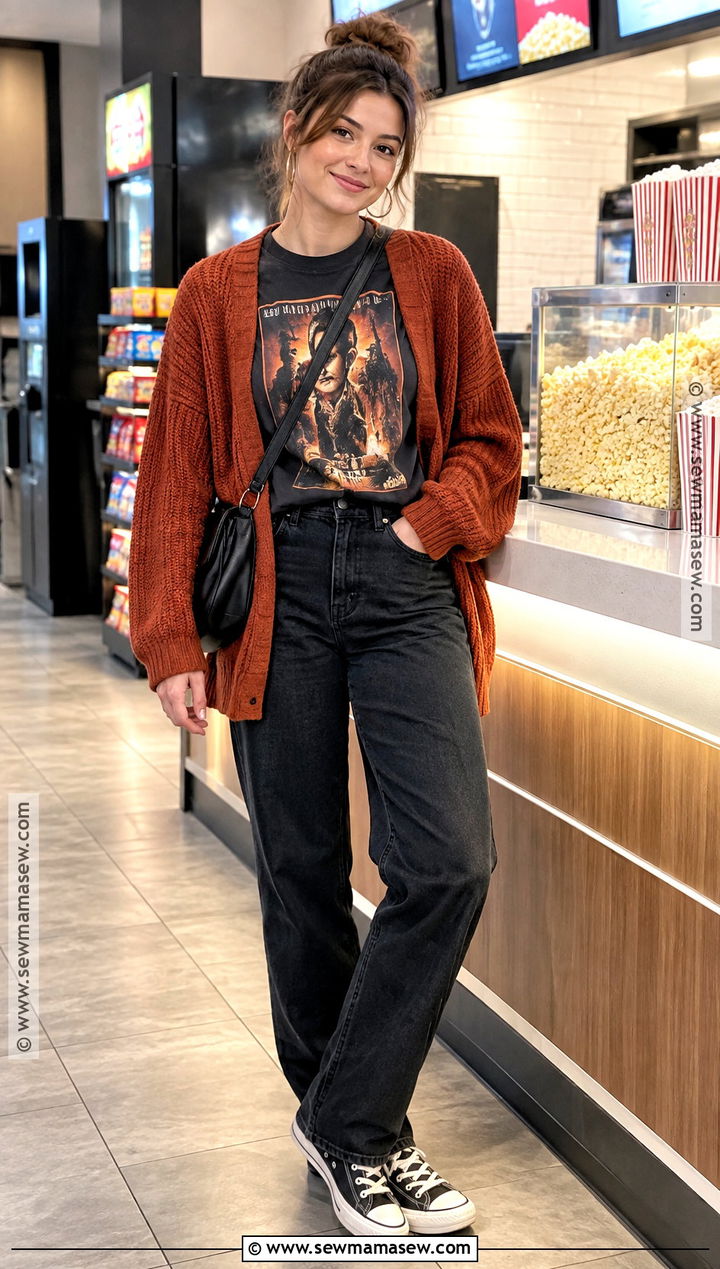 Fall Movie Night Graphic Tee And Cardigan Outfit - 20 fall movie night outfit ideas