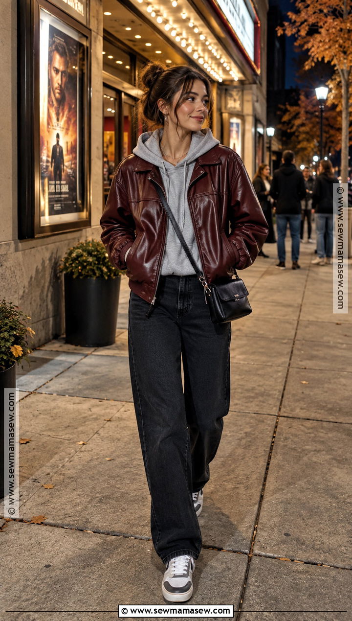 Fall Movie Night Hoodie And Leather Jacket Outfit - 20 fall movie night outfit ideas