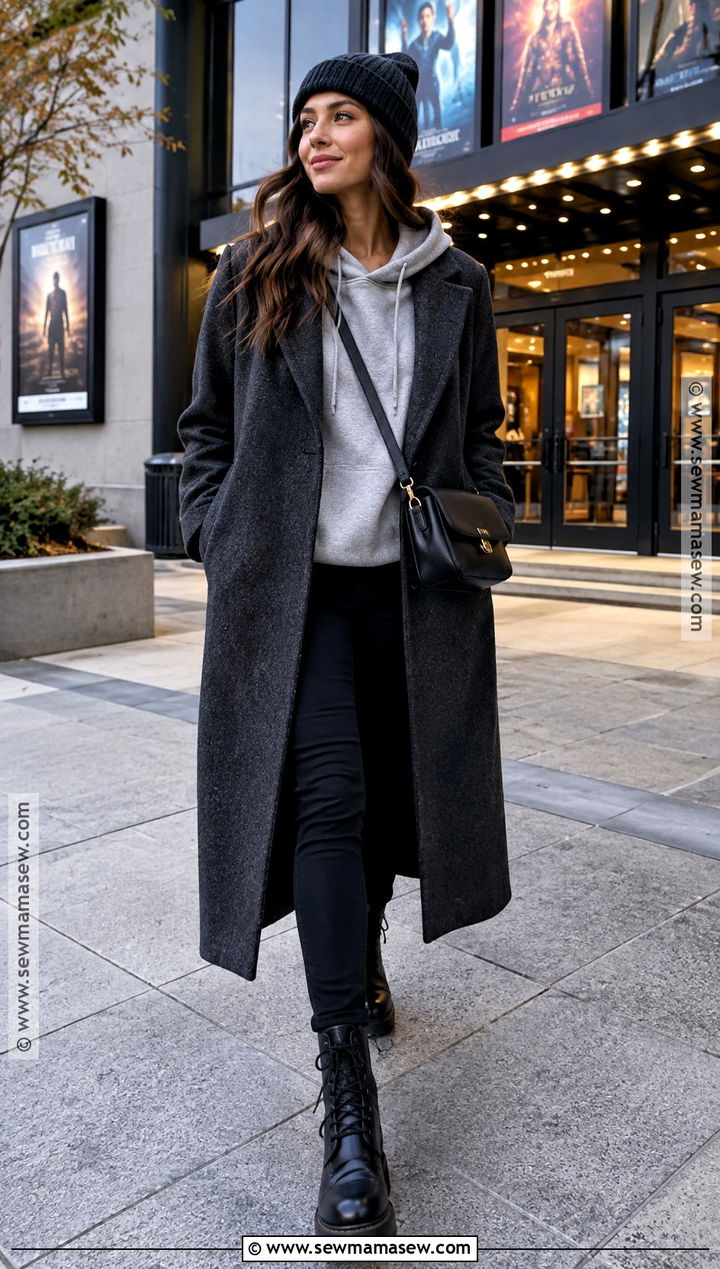 Fall Movie Night Long Coat And Hoodie Outfit - 20 fall movie night outfit ideas