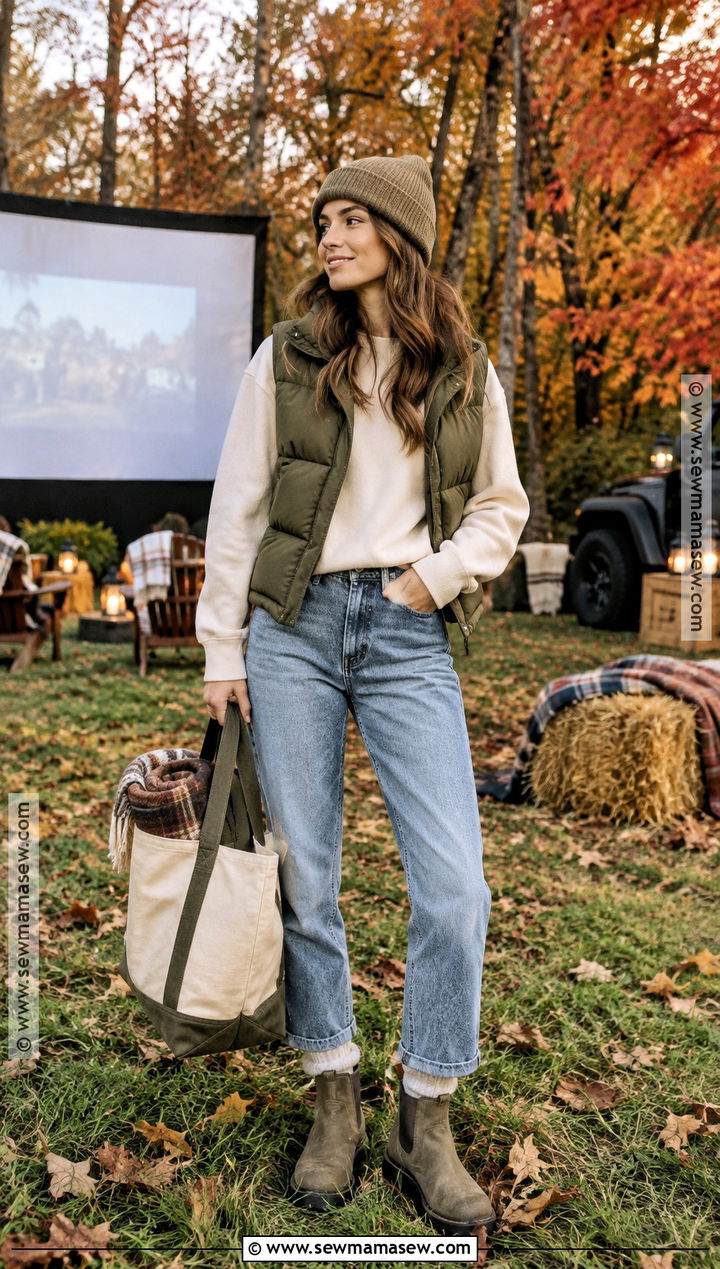 Fall Movie Night Puffer Vest And Sweatshirt Outfit - 20 fall movie night outfit ideas